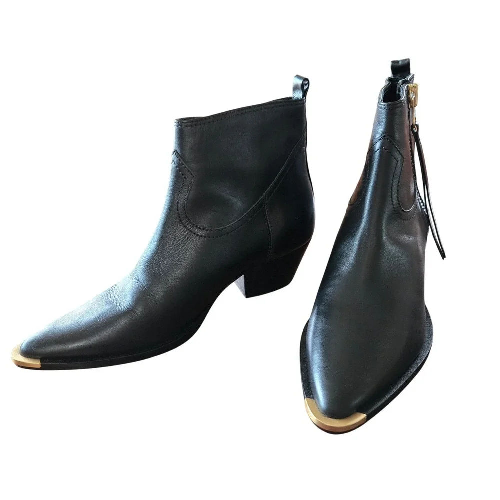 Schutz Chic Black Leather Pointed Toe Ankle Boots Gold Tip Western Women's 7M